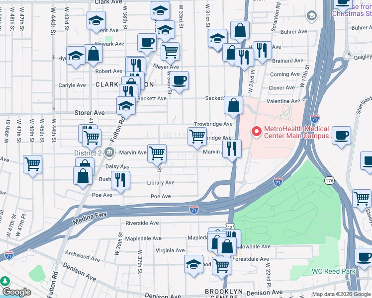 map of restaurants, bars, coffee shops, grocery stores, and more near 3246 Marvin Avenue in Cleveland
