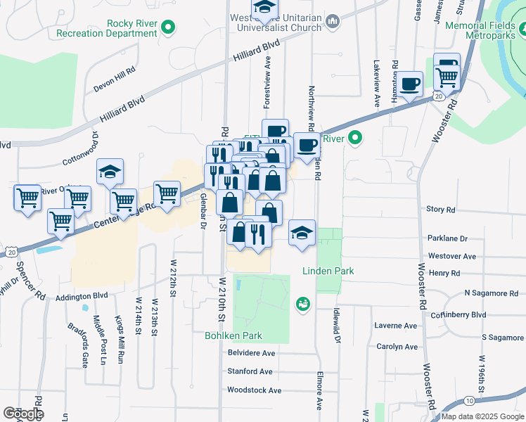 map of restaurants, bars, coffee shops, grocery stores, and more near 3450 Westgate Mall in Cleveland