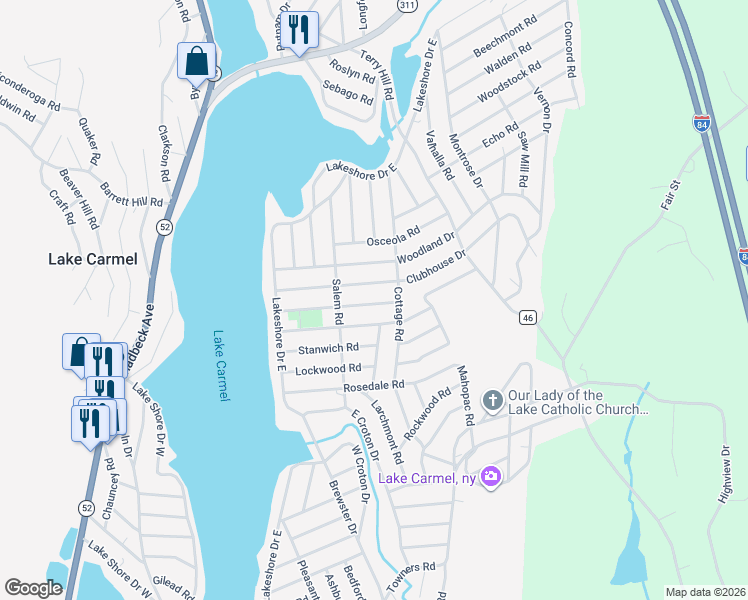 map of restaurants, bars, coffee shops, grocery stores, and more near 44 Yorktown Road in Carmel Hamlet