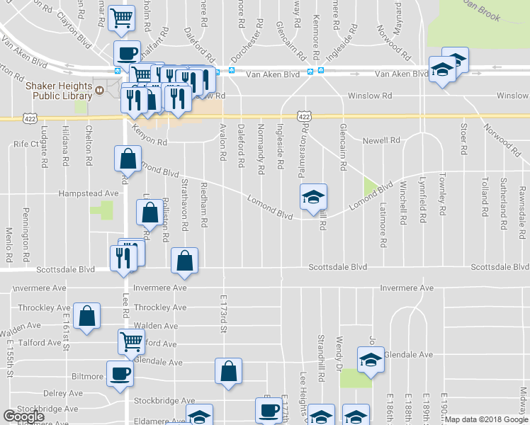 map of restaurants, bars, coffee shops, grocery stores, and more near 17608 Lomond Boulevard in Shaker Heights