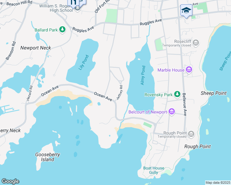 map of restaurants, bars, coffee shops, grocery stores, and more near 21 Jeffrey Road in Newport