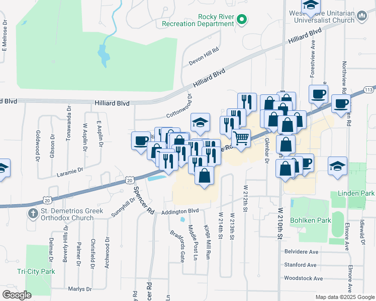 map of restaurants, bars, coffee shops, grocery stores, and more near 21690 River Oaks Drive in Rocky River