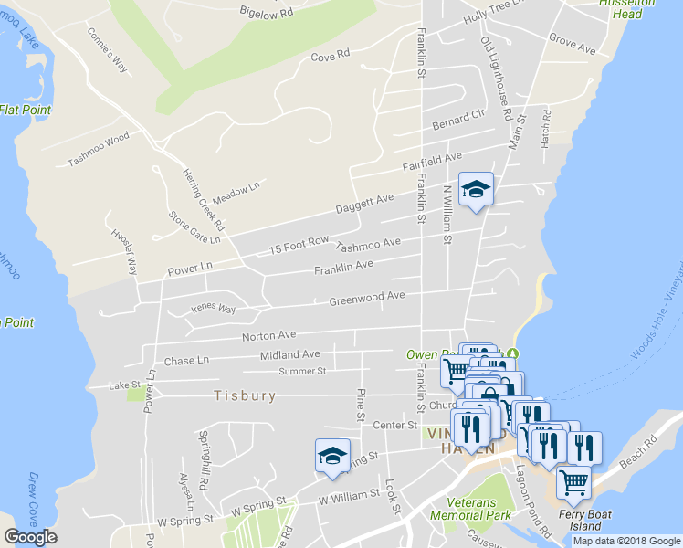 map of restaurants, bars, coffee shops, grocery stores, and more near 100 Franklin Avenue in Tisbury