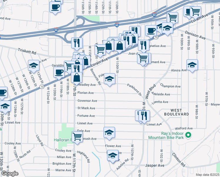 map of restaurants, bars, coffee shops, grocery stores, and more near 11005 Parkhurst Drive in Cleveland