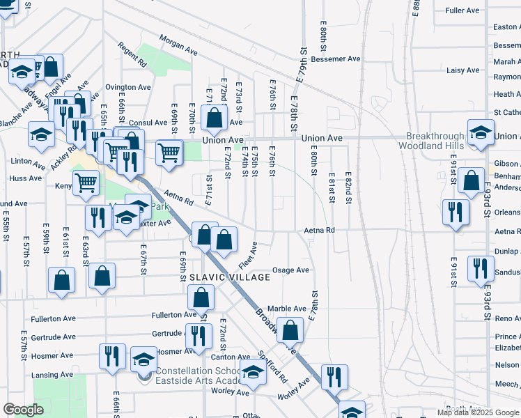 map of restaurants, bars, coffee shops, grocery stores, and more near 3613 East 75th Street in Cleveland