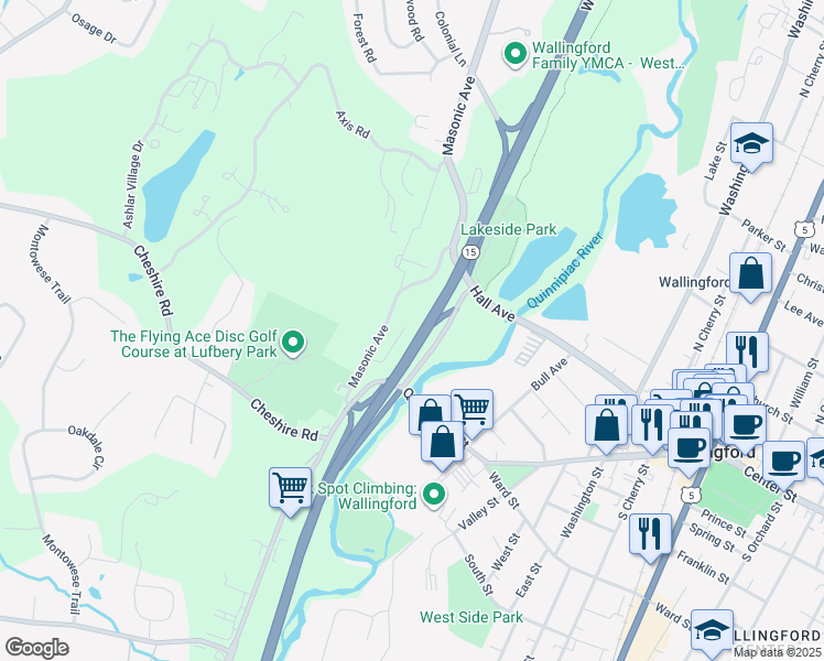 map of restaurants, bars, coffee shops, grocery stores, and more near 45 Clinton Place in Wallingford