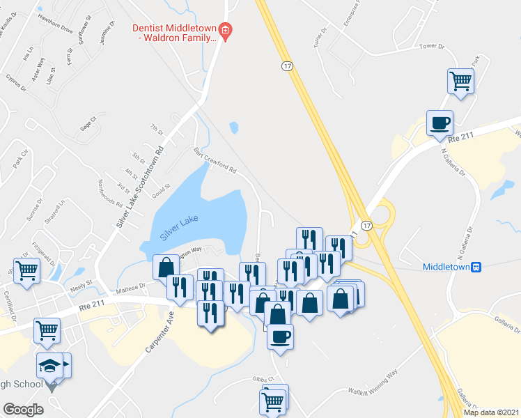 map of restaurants, bars, coffee shops, grocery stores, and more near 147 Bert Crawford Road in Middletown