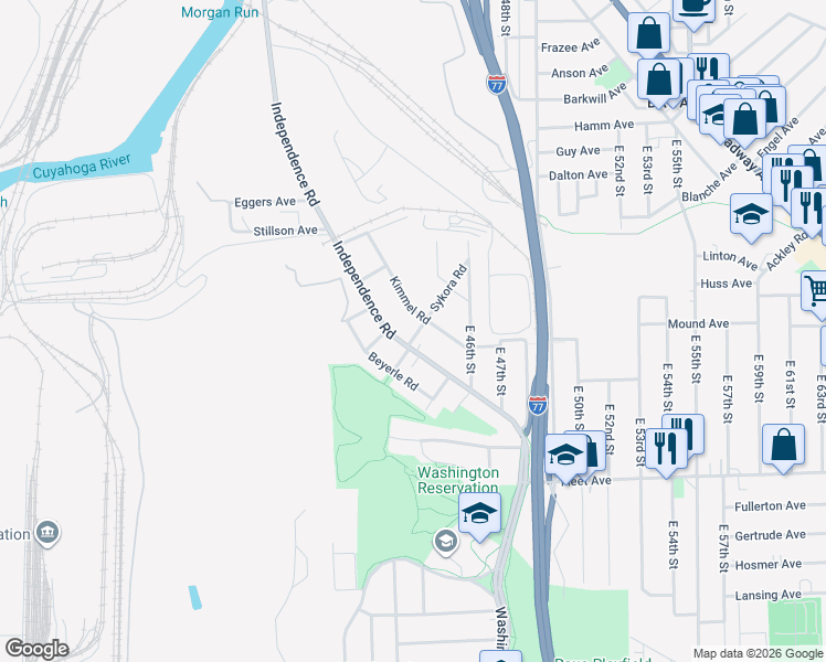 map of restaurants, bars, coffee shops, grocery stores, and more near 3561 Independence Road in Cleveland
