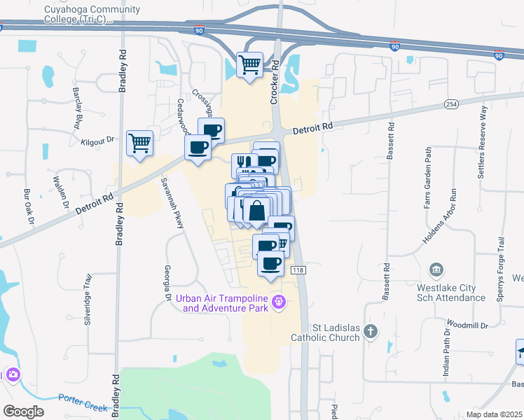 map of restaurants, bars, coffee shops, grocery stores, and more near 204 Crocker Park Boulevard in Westlake