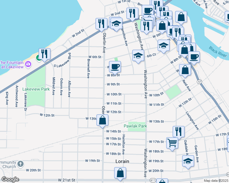 map of restaurants, bars, coffee shops, grocery stores, and more near 1130 West 10th Street in Lorain