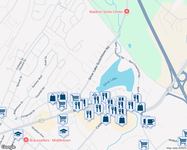 map of restaurants, bars, coffee shops, grocery stores, and more near 106 Silver Lake-Scotchtown Road in Middletown