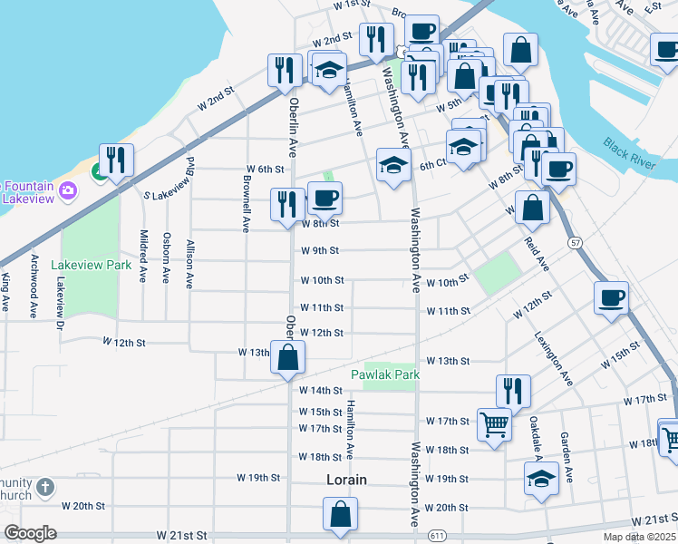 map of restaurants, bars, coffee shops, grocery stores, and more near 1130 West 10th Street in Lorain
