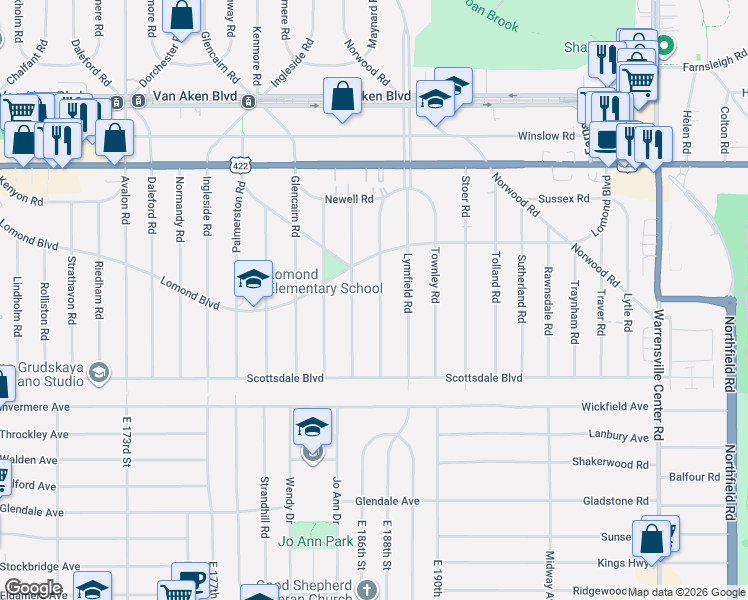 map of restaurants, bars, coffee shops, grocery stores, and more near 3661 Latimore Road in Shaker Heights