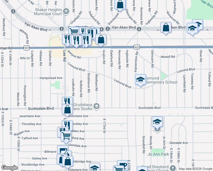 map of restaurants, bars, coffee shops, grocery stores, and more near 3662 Daleford Road in Shaker Heights