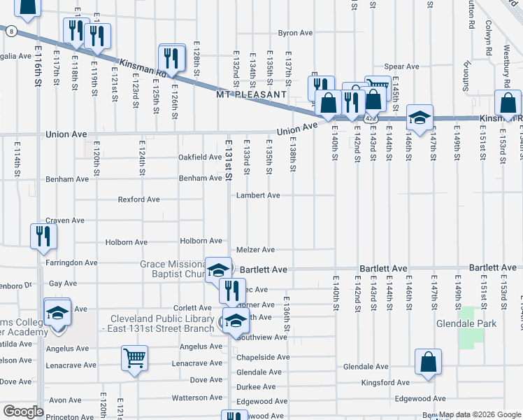 map of restaurants, bars, coffee shops, grocery stores, and more near 3639 East 133rd Street in Cleveland