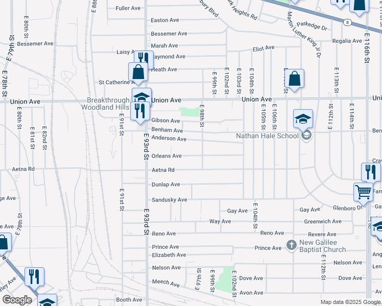 map of restaurants, bars, coffee shops, grocery stores, and more near 9703 Orleans Avenue in Cleveland