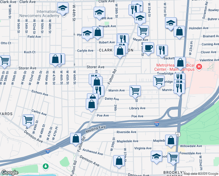 map of restaurants, bars, coffee shops, grocery stores, and more near 3912 Marvin Avenue in Cleveland
