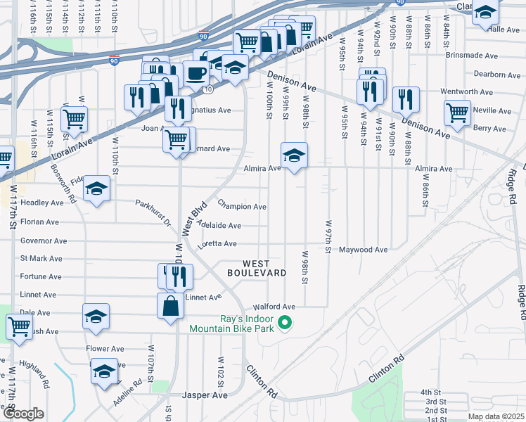 map of restaurants, bars, coffee shops, grocery stores, and more near 3431 West 100th Street in Cleveland