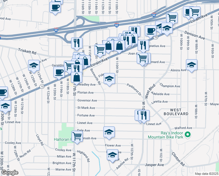 map of restaurants, bars, coffee shops, grocery stores, and more near 11005 Parkhurst Drive in Cleveland