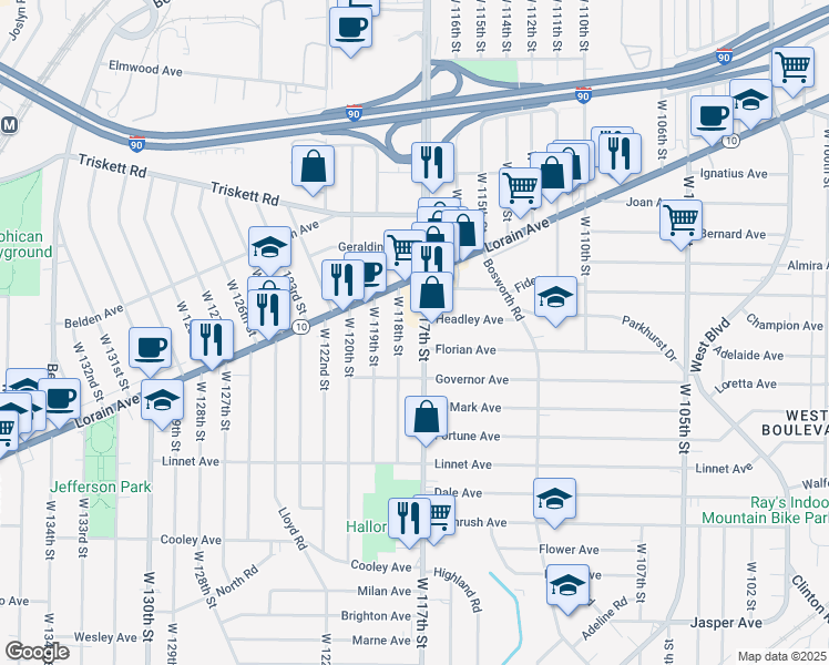 map of restaurants, bars, coffee shops, grocery stores, and more near 3403 West 118th Street in Cleveland