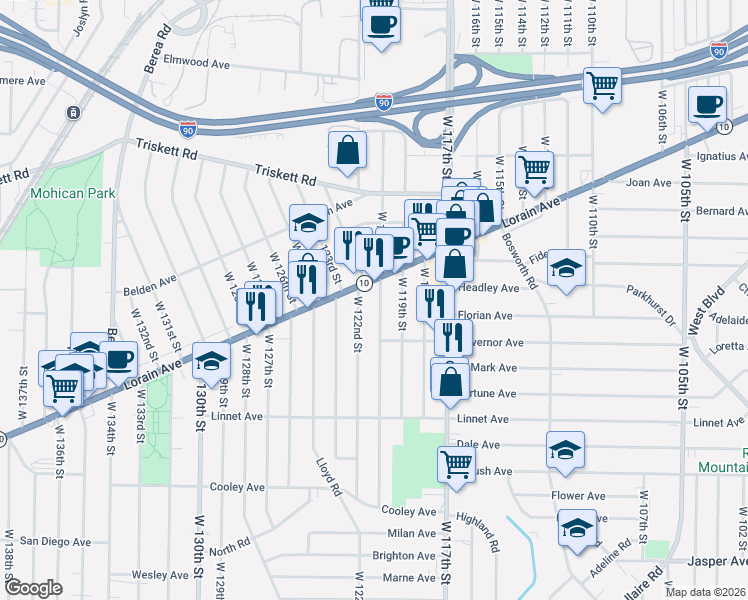 map of restaurants, bars, coffee shops, grocery stores, and more near 3403 West 122nd Street in Cleveland