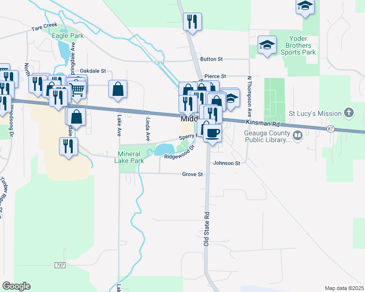 map of restaurants, bars, coffee shops, grocery stores, and more near 15897 Ridgewood Drive in Middlefield