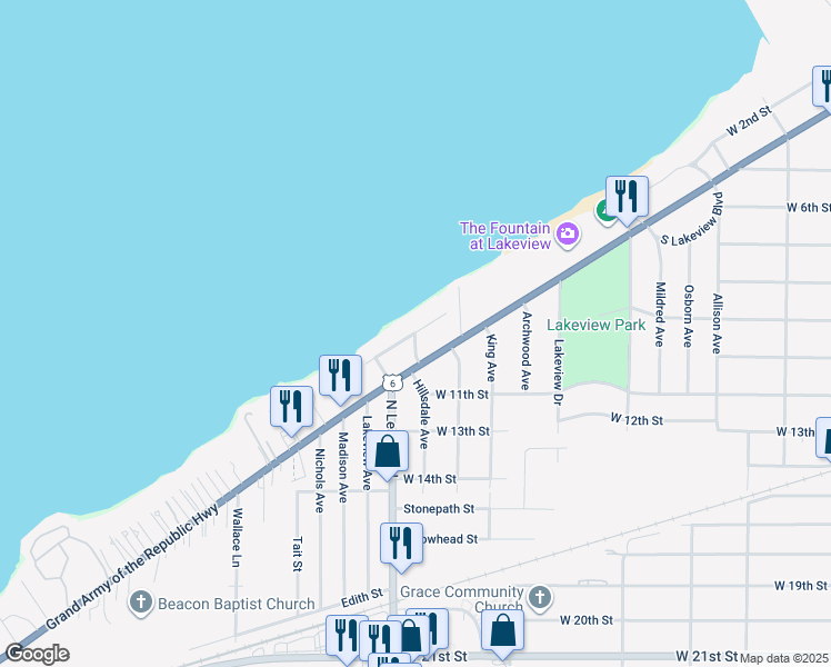 map of restaurants, bars, coffee shops, grocery stores, and more near Harborview Boulevard in Lorain