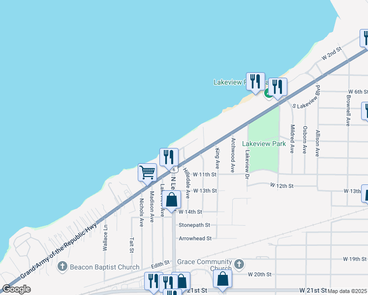 map of restaurants, bars, coffee shops, grocery stores, and more near Harborview Boulevard in Lorain