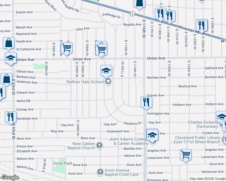 map of restaurants, bars, coffee shops, grocery stores, and more near 3631 Martin Luther King Junior Drive in Cleveland