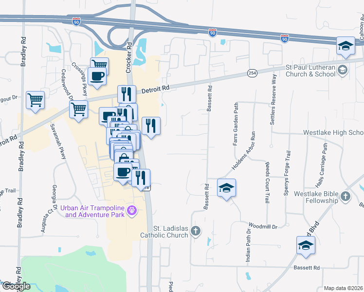 map of restaurants, bars, coffee shops, grocery stores, and more near 29282 Sunset Drive in Westlake