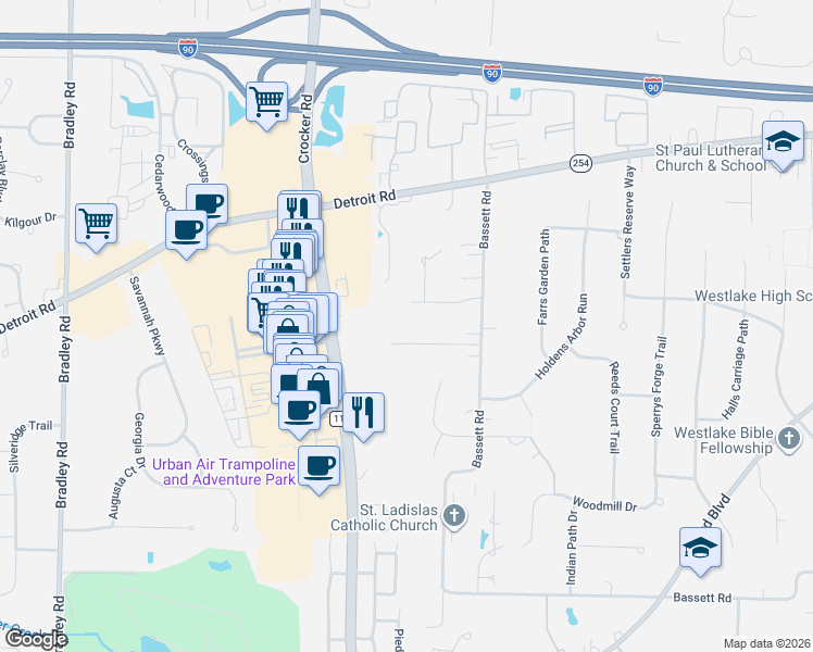 map of restaurants, bars, coffee shops, grocery stores, and more near 29282 Sunset Drive in Westlake