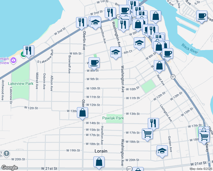 map of restaurants, bars, coffee shops, grocery stores, and more near 1062 West 10th Street in Lorain