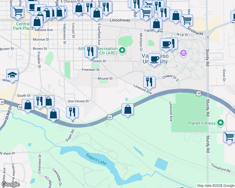 map of restaurants, bars, coffee shops, grocery stores, and more near 816 Short Street in Valparaiso