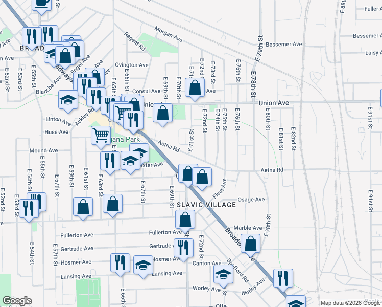 map of restaurants, bars, coffee shops, grocery stores, and more near 7103 Aetna Road in Cleveland