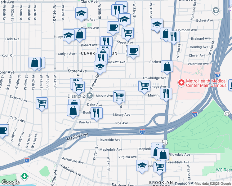 map of restaurants, bars, coffee shops, grocery stores, and more near 3534 Marvin Avenue in Cleveland