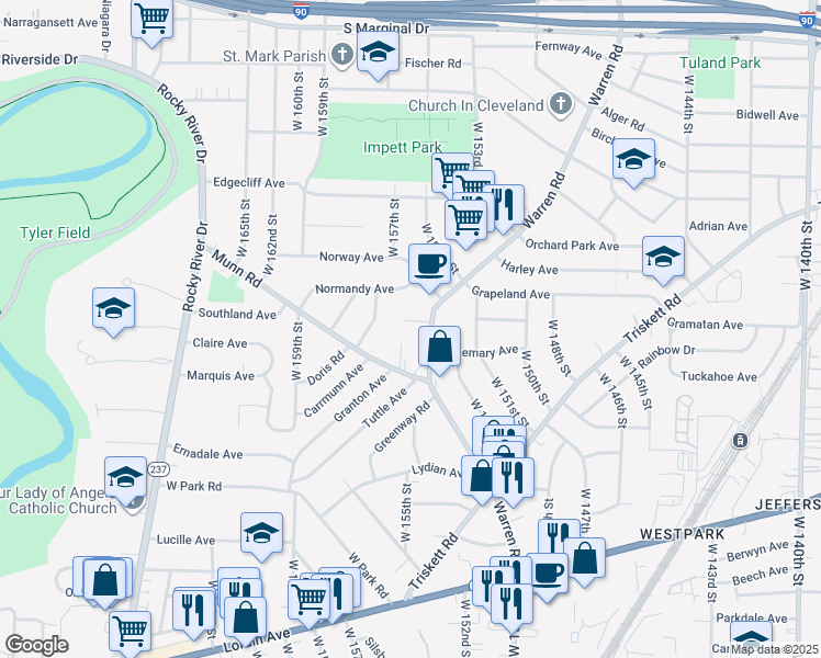 map of restaurants, bars, coffee shops, grocery stores, and more near 15521 Frick Court in Cleveland