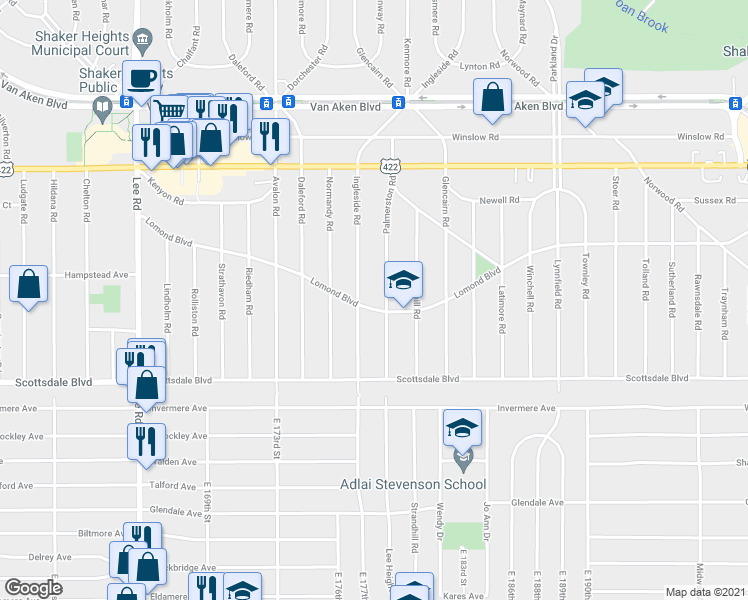 map of restaurants, bars, coffee shops, grocery stores, and more near 17723 Lomond Boulevard in Shaker Heights