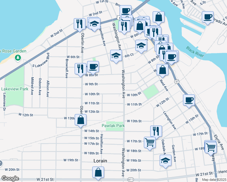 map of restaurants, bars, coffee shops, grocery stores, and more near 1028 W 10th St in Lorain