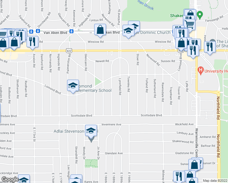 map of restaurants, bars, coffee shops, grocery stores, and more near 3653 Winchell Road in Shaker Heights