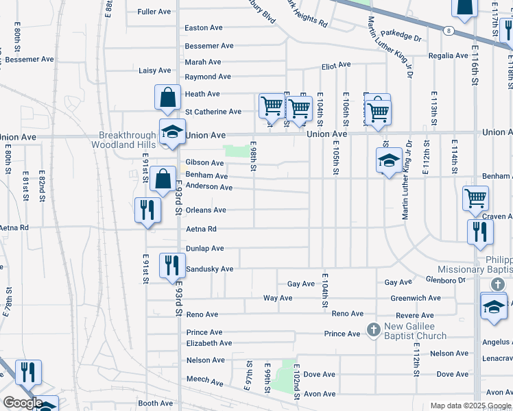 map of restaurants, bars, coffee shops, grocery stores, and more near 9801 Orleans Avenue in Cleveland