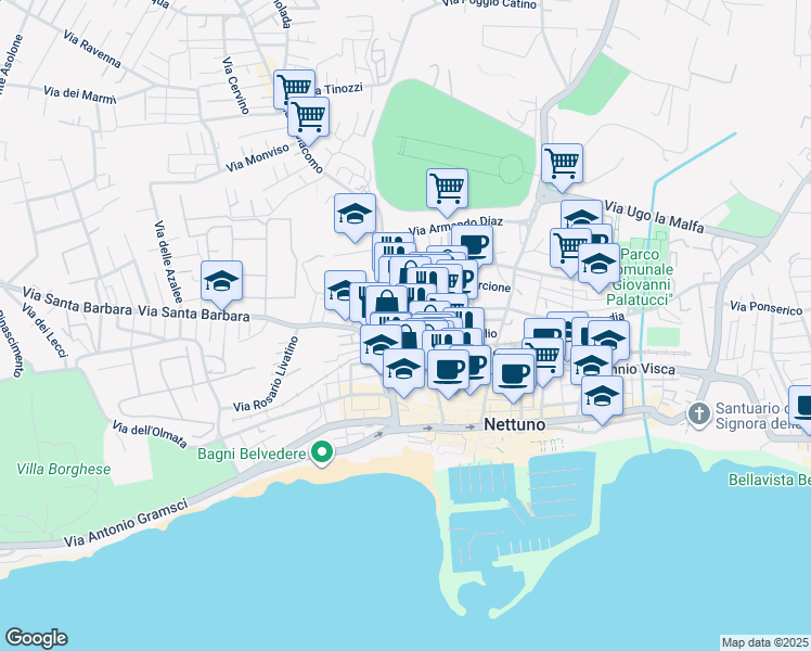 map of restaurants, bars, coffee shops, grocery stores, and more near 13 Via della Libertà in Nettuno