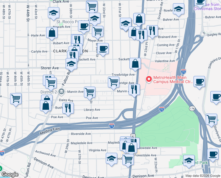 map of restaurants, bars, coffee shops, grocery stores, and more near 3246 Marvin Avenue in Cleveland