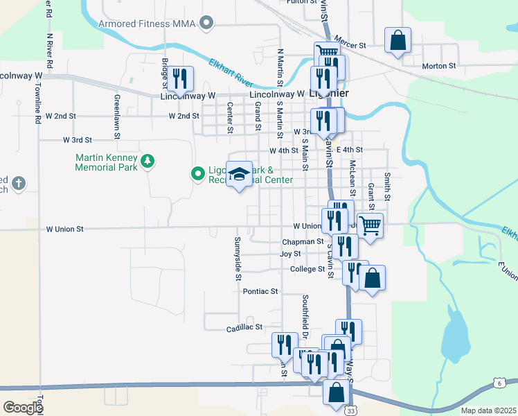 map of restaurants, bars, coffee shops, grocery stores, and more near 703 Grand Street in Ligonier
