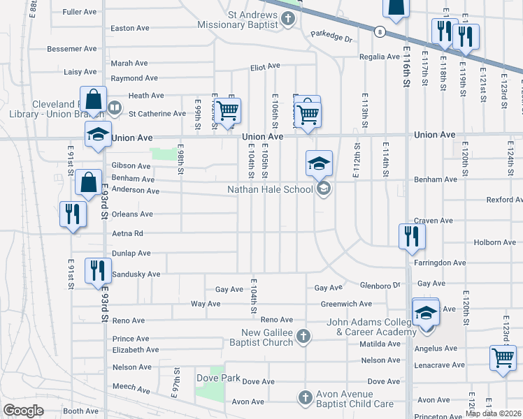 map of restaurants, bars, coffee shops, grocery stores, and more near 3622 East 105th Street in Cleveland