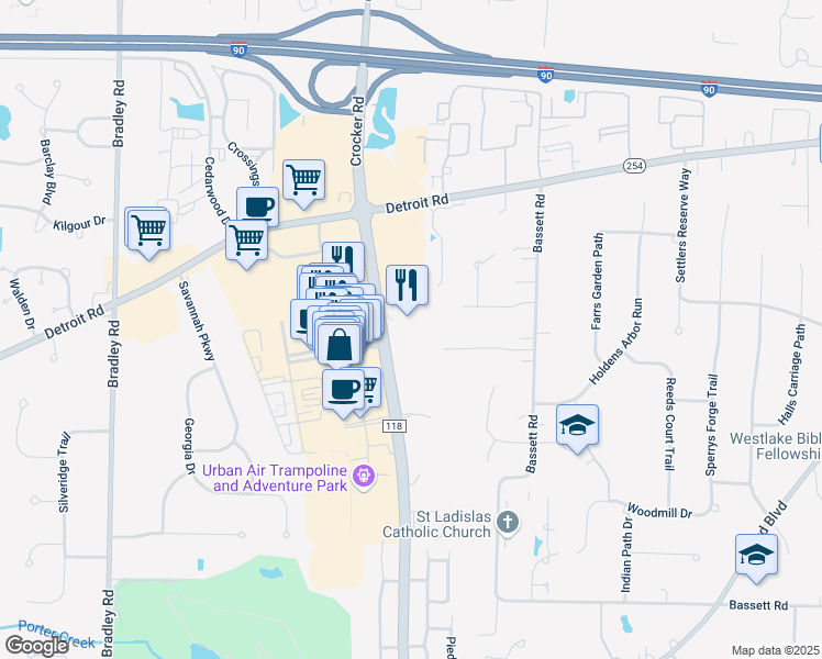 map of restaurants, bars, coffee shops, grocery stores, and more near 2035 Crocker Road in Westlake