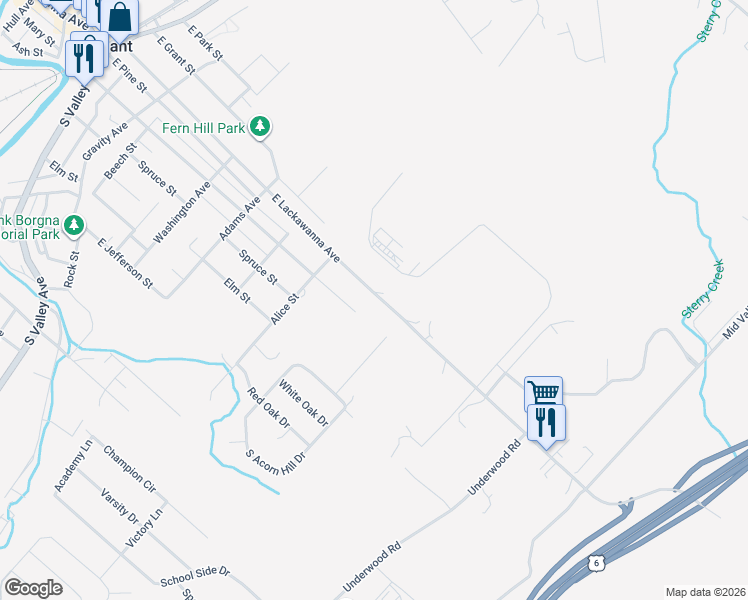 map of restaurants, bars, coffee shops, grocery stores, and more near 1011 East Lackawanna Avenue in Olyphant