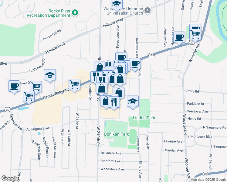 map of restaurants, bars, coffee shops, grocery stores, and more near 3221 Westgate Mall in Cleveland