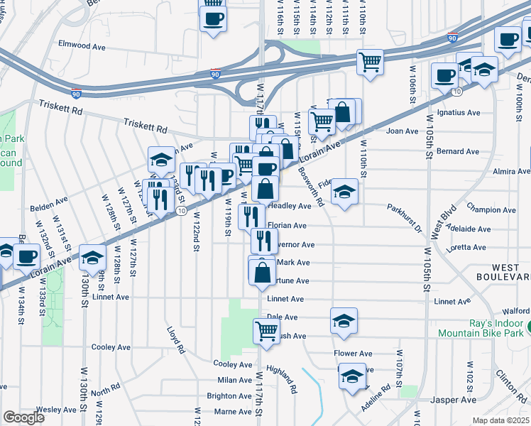 map of restaurants, bars, coffee shops, grocery stores, and more near 11520 Florian Avenue in Cleveland