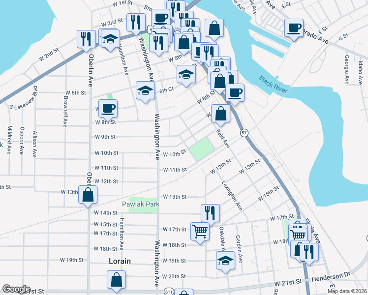 map of restaurants, bars, coffee shops, grocery stores, and more near 822 West 10th Street in Lorain
