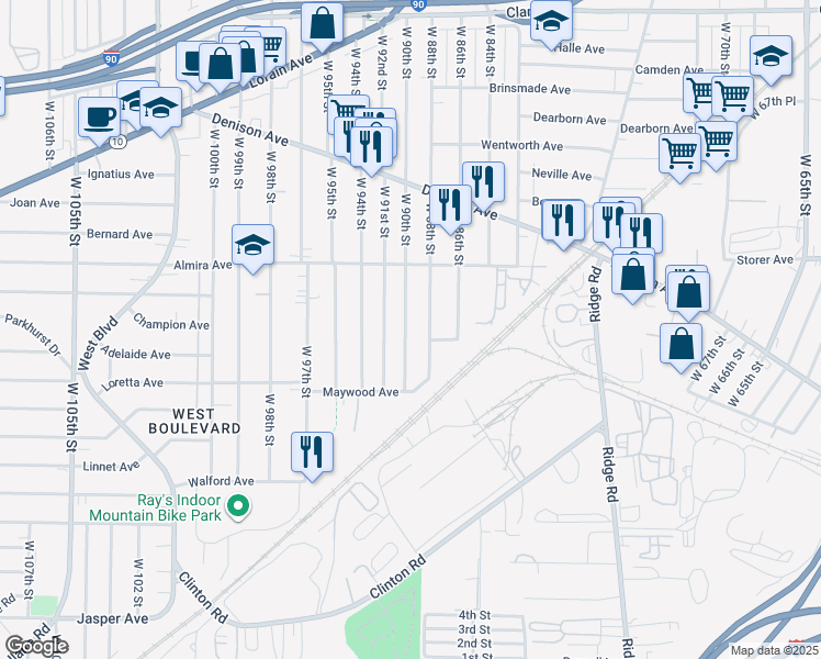 map of restaurants, bars, coffee shops, grocery stores, and more near 3441 West 90th Street in Cleveland